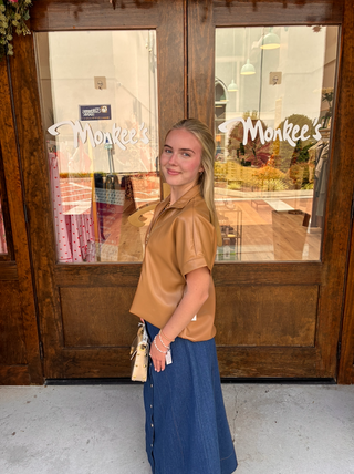 Vegan Leather Embroidered Top in Caramel