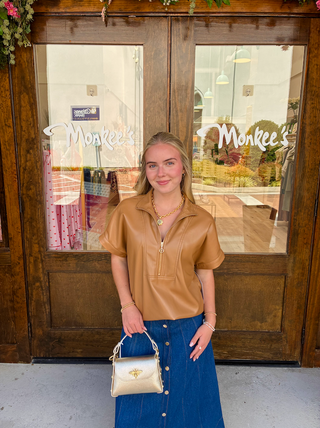 Vegan Leather Embroidered Top in Caramel