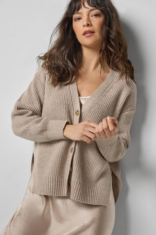 Ribbed Cardigan Sweater in Taupe 
