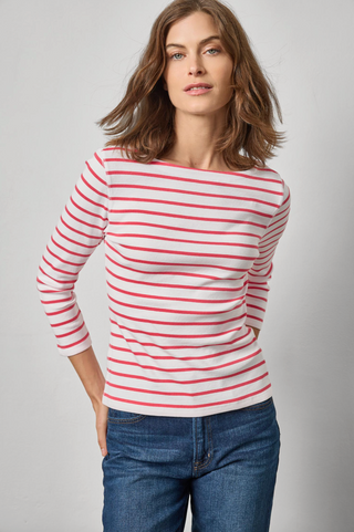 Red and white striped boat neck top