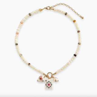Golden Bloom Mahjong Tile Charm Beaded Necklace
