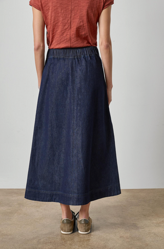 Belted Pocket Front Skirt in Dark Wash Blue