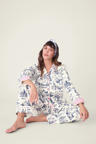 Bon Voyage Travel Print Flannel PJ Set in White Clouds