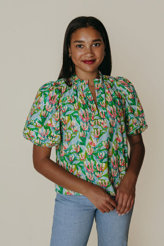 Green floral v-neck blouse with puff sleeves