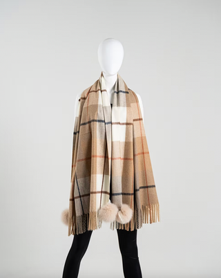 Plaid Scarf with Fox Pompoms in Caramel