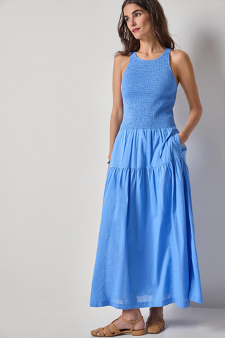 Blue smocked bodice maxi dress sleeveless