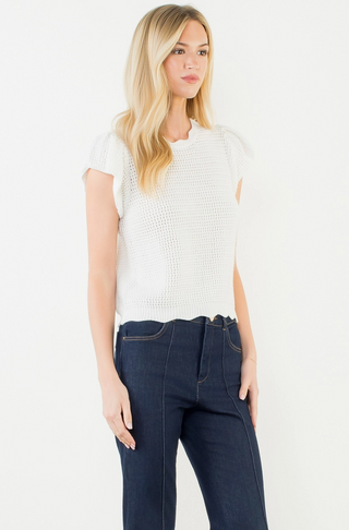 Scallop Detail Knit Top in White