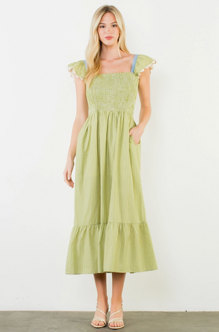 Ruffle Sleeves Smocked Tiered Dress in Green