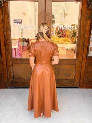 Vegan Leather Maxi Dress in Saddle