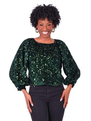 Celeste Top in Green Sequin Cheetah