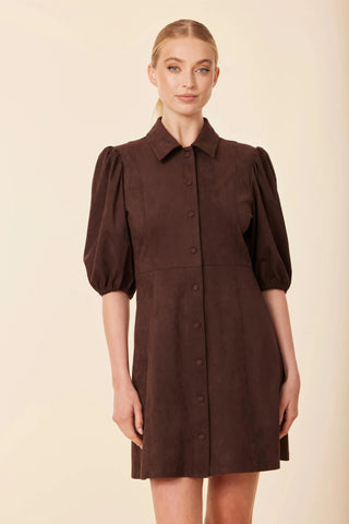 Faux Suede Puff Shoulder Dress in Coffee