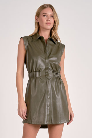 Sleeveless Leather Dress in Pine