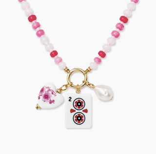 Lucky Pink Mahjong Tile Charm Beaded Necklace