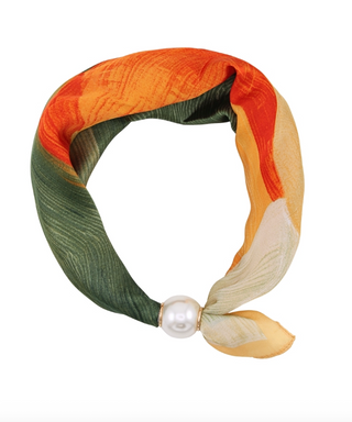 Printed Scarf w/Pearl Necklace in Olive/Orange