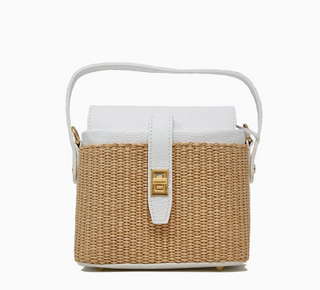 White Genuine Italian Leather and Rattan Top Handle Bag