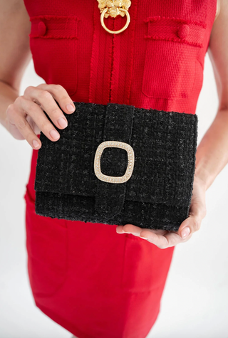 Janie Black Tweed with Rhinestone Buckle Clutch
