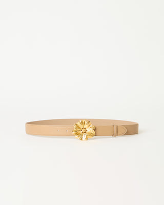 Tan genuine leather belt with a gold flower belt buckle