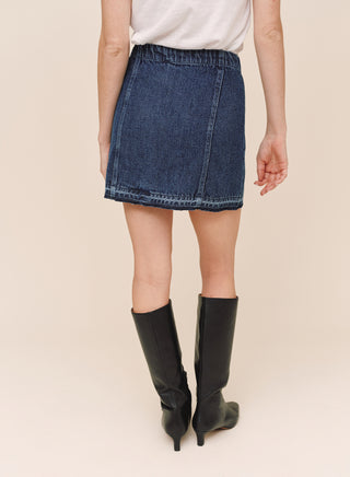 Button Front Mini Skirt in Dark Rinse Wash