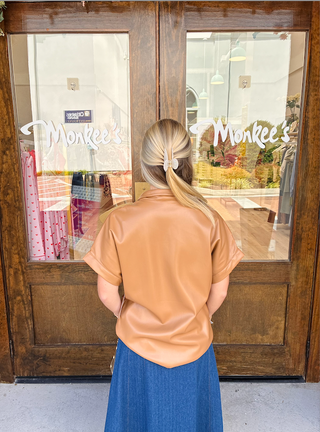 Vegan Leather Embroidered Top in Caramel