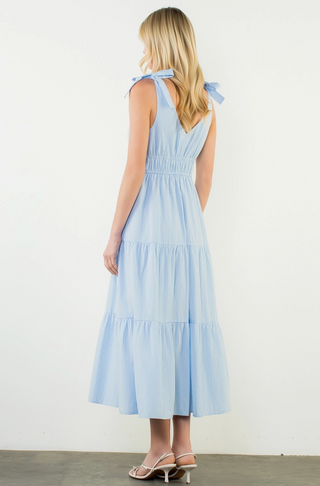 Tie Strap Striped Tiered Maxi Dress in Blue