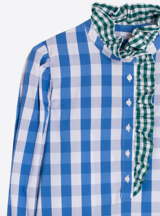 Blue Gingham Ruffle Shirt