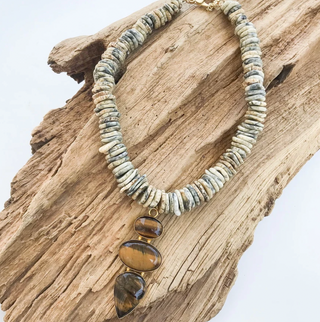 Triple Gemstone Pendant Necklace in Cream/Tigers Eye
