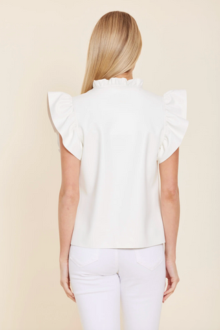 Vegan Leather Flutter Sleeve Top in White