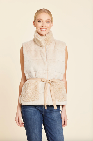 Faux Fur Shearling Trim Vest in Beige Multi