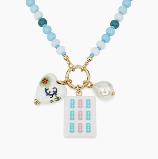 Minty Bamboo Mahjong Tile Charm Beaded Necklace