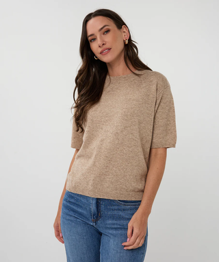 Short Sleeve Wool Sweater in Taupe