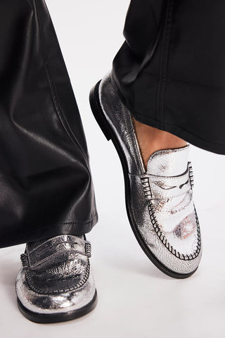 Blanket Stitch Loafers in Pale Pewter Leather