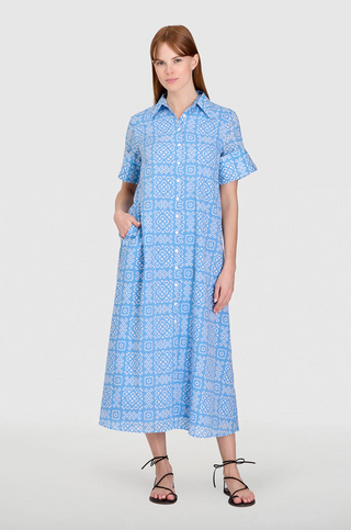 maxi blue short sleeved printed dress