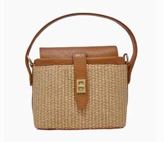 Camel Genuine Italian Leather and Rattan Top Handle Bag