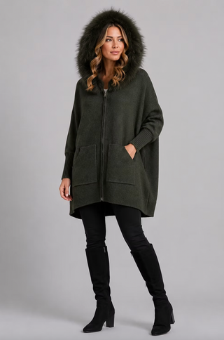 Knit Poncho with Pockets in Khaki
