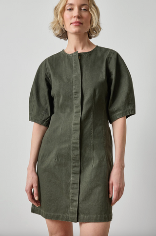 Washed Twill Full Sleeve Shirt Dress in Juniper