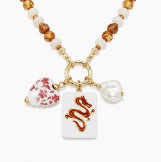 Sunset Dragon Mahjong Tile Charm Beaded Necklace