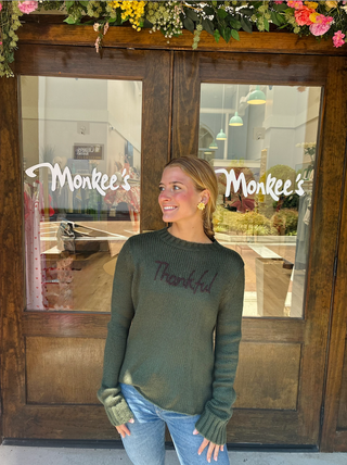 Thankful Embroidered Chunky Crew in Waxed Loden/Brown Brick