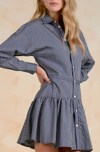 Long Sleeve Button Down Dress in Blue Stripe