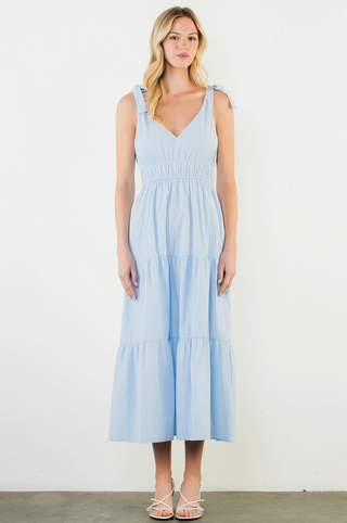 Tie Strap Striped Tiered Maxi Dress in Blue