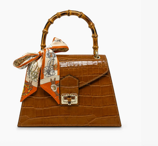 Luxury Italian Crocco Leather Bamboo Handle Bag in Camel