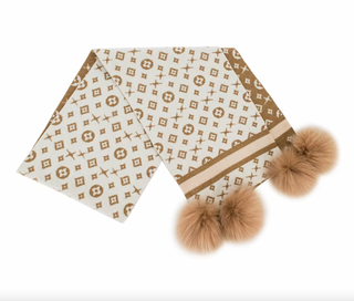 Monogram Scarf in Gold with Fox Pompoms