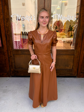 Vegan Leather Maxi Dress in Saddle