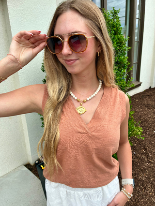Banded V-Neck Tank in Sun Tan