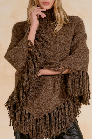 Fringe Turtleneck Poncho in Brown