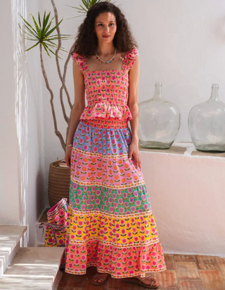 Tiered rainbow floral maxi skirt