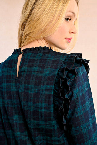 Plaid Ruffle Top in Navy Blue