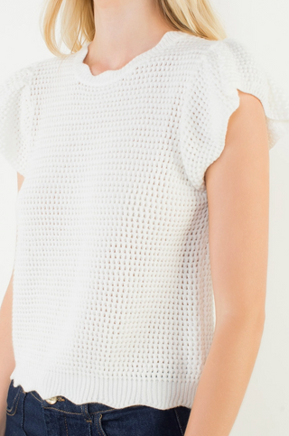 Scallop Detail Knit Top in White