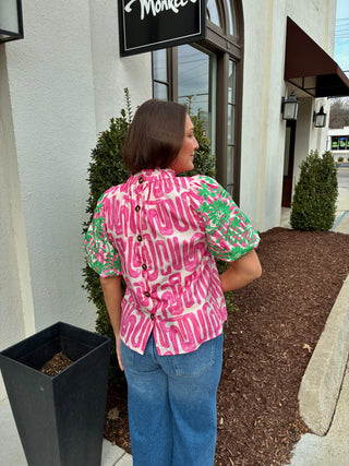 Embroidered Puff Sleeve Abstract Top in Pink
