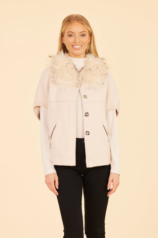 Faux Fur Collar Short Sleeve Cardigan in Creme