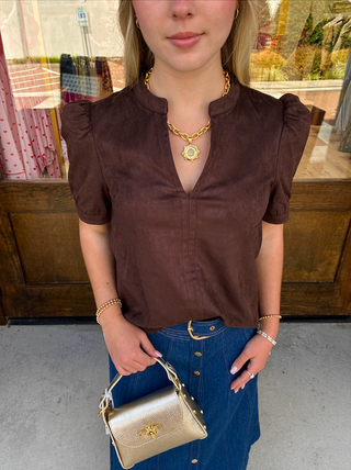 Faux Suede Short Sleeve Top in Brown